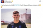 巴萨官方晒照：佩德里领取FIFPRO2025年度最佳阵容奖杯